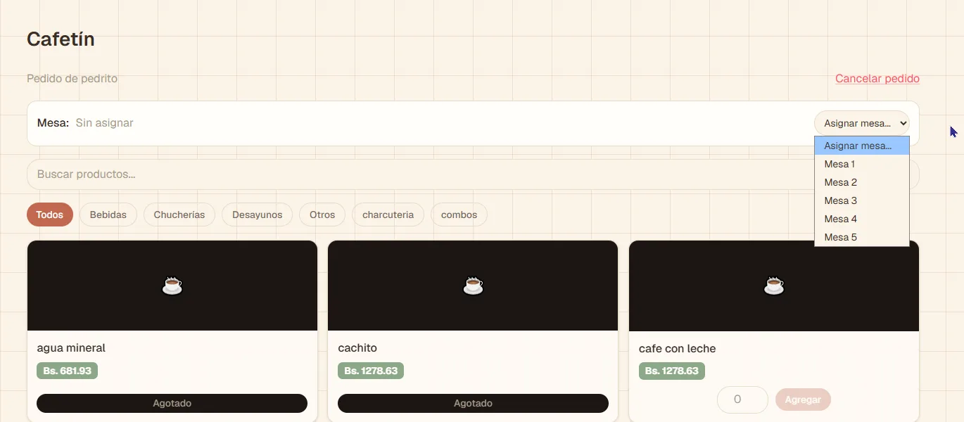 Mi Cafetín — asignación de mesa para pedidos en salón