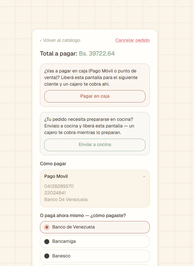 Mi Cafetín — pantalla de pago con opción de pagar en caja o enviar a cocina